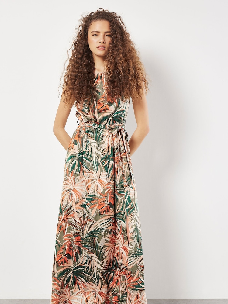 Apricot Green Painterly Tropical Midi Dress - Image 1 of 8 Apricot Green Painterly Tropical Midi Dress - Image 1 of 8