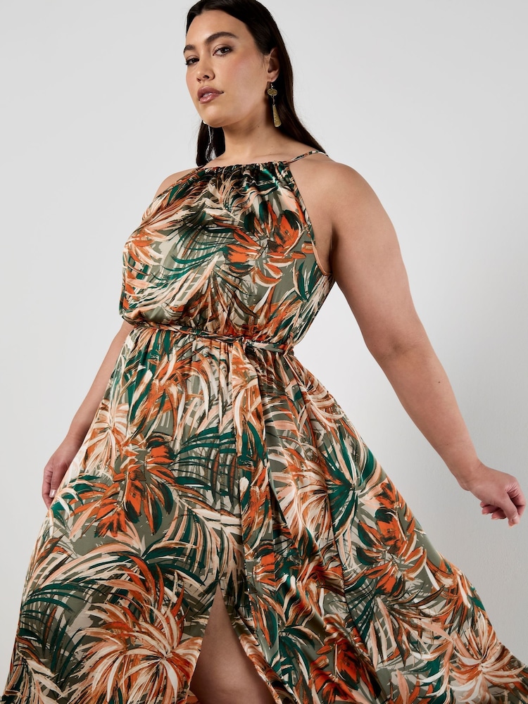 Apricot Green Painterly Tropical Midi Dress - Image 8 of 8
