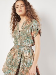 Apricot Green Leaf Smock Waist Mini Dress - Image 1 of 4
