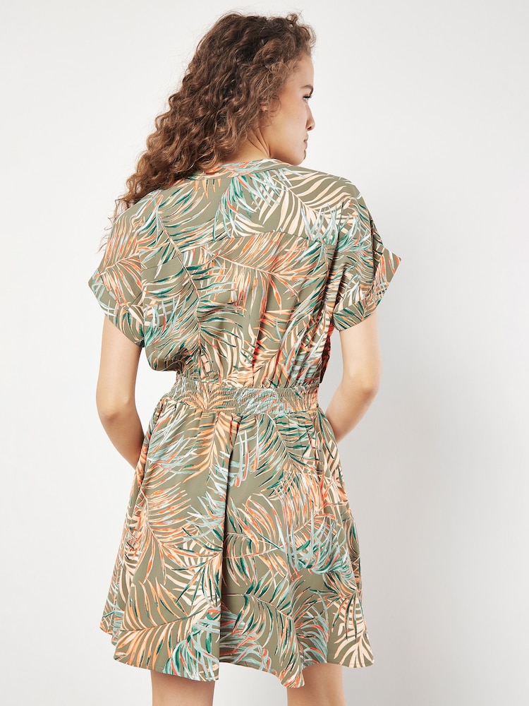 Apricot Green Leaf Smock Waist Mini Dress - Image 2 of 4