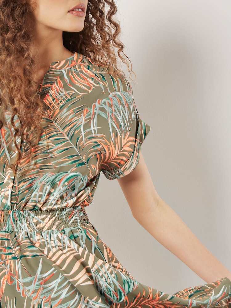Apricot Green Leaf Smock Waist Mini Dress - Image 4 of 4