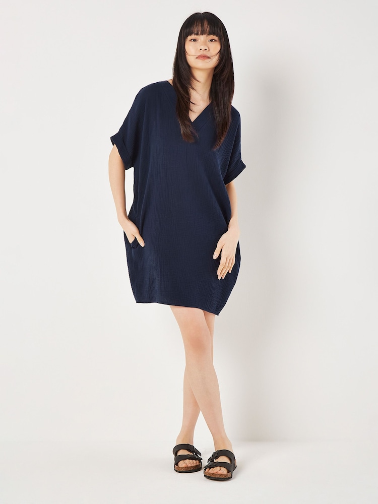 Apricot Blue Oversized Tetra 100% Cotton V-Neck Dress - Image 1 of 4