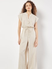 Apricot Natural Striped Palazzo Tie Through Linen Mix Jumpsuit - Image 2 of 6
