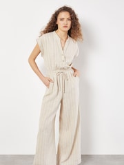 Apricot Natural Striped Palazzo Tie Through Linen Mix Jumpsuit - Image 6 of 6