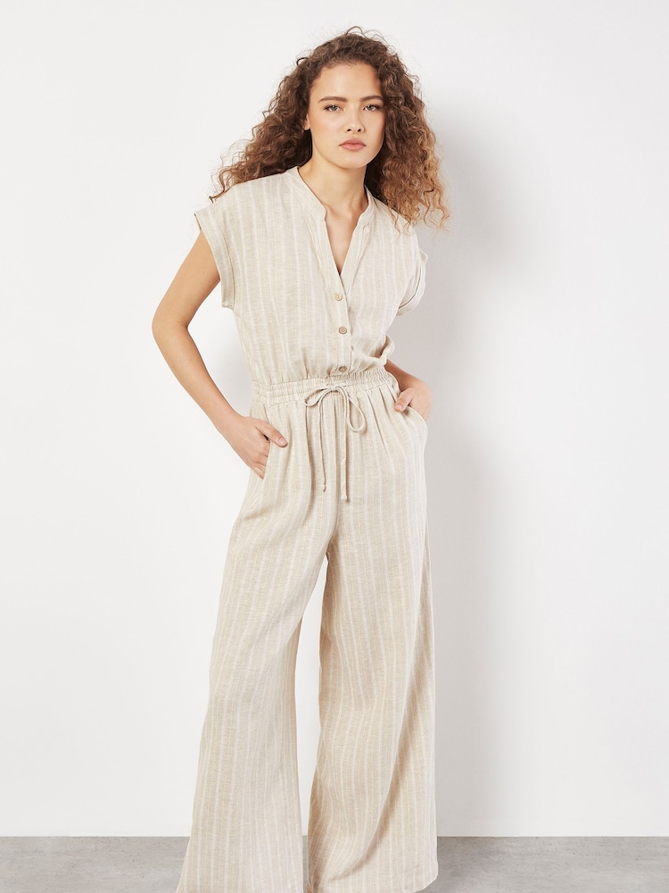 Apricot Natural Striped Palazzo Tie Through Linen Mix Jumpsuit - Image 6 of 6