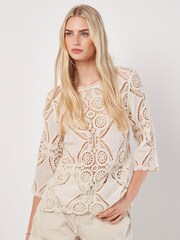 Apricot Natural 100% Cotton Crochet 3/4 Sleeve Top - Image 1 of 4