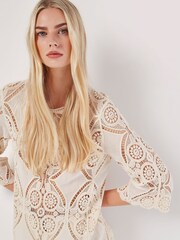 Apricot Natural 100% Cotton Crochet 3/4 Sleeve Top - Image 2 of 4