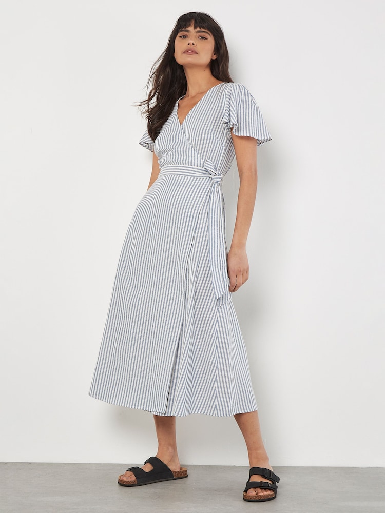 Apricot Blue Oxford Stripe Wrap Dress - Image 1 of 3