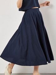 Apricot Blue Slub Pleat A-Line Midi Skirt - Image 1 of 4