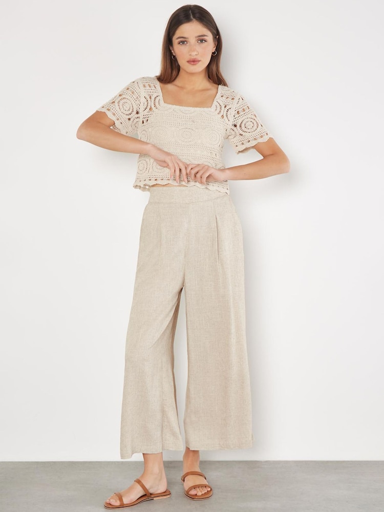 Apricot Natural Pleat Linen 3/4 Palazzo Trousers - Image 1 of 4 Apricot Natural Pleat Linen 3/4 Palazzo Trousers - Image 1 of 4