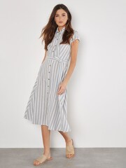 Apricot Blue Striped Midi Cap Sleeve Shirt Dress - Image 1 of 4