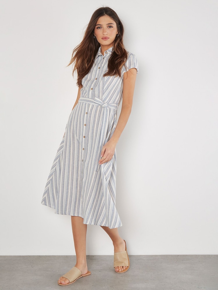 Apricot Blue Striped Midi Cap Sleeve Shirt Dress - Image 1 of 4