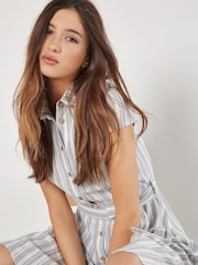Apricot Blue Striped Midi Cap Sleeve Shirt Dress - Image 3 of 4