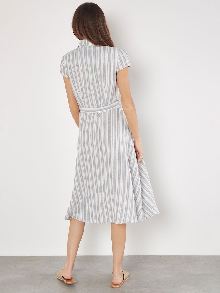 Apricot Blue Striped Midi Cap Sleeve Shirt Dress - Image 4 of 4