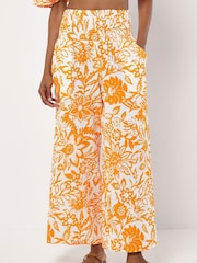 Apricot Orange Floral Print Palazzo 100% Cotton Trousers - Image 1 of 4
