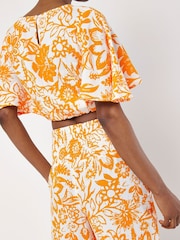 Apricot Orange Floral Print Palazzo 100% Cotton Trousers - Image 2 of 4