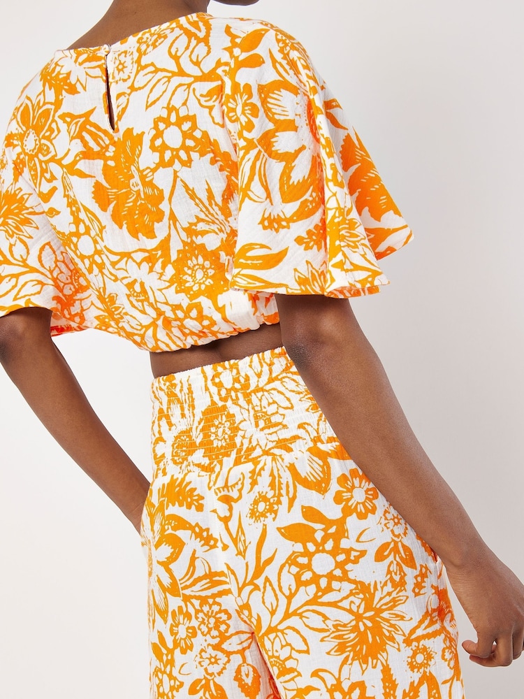 Apricot Orange Floral Print Palazzo 100% Cotton Trousers - Image 2 of 4
