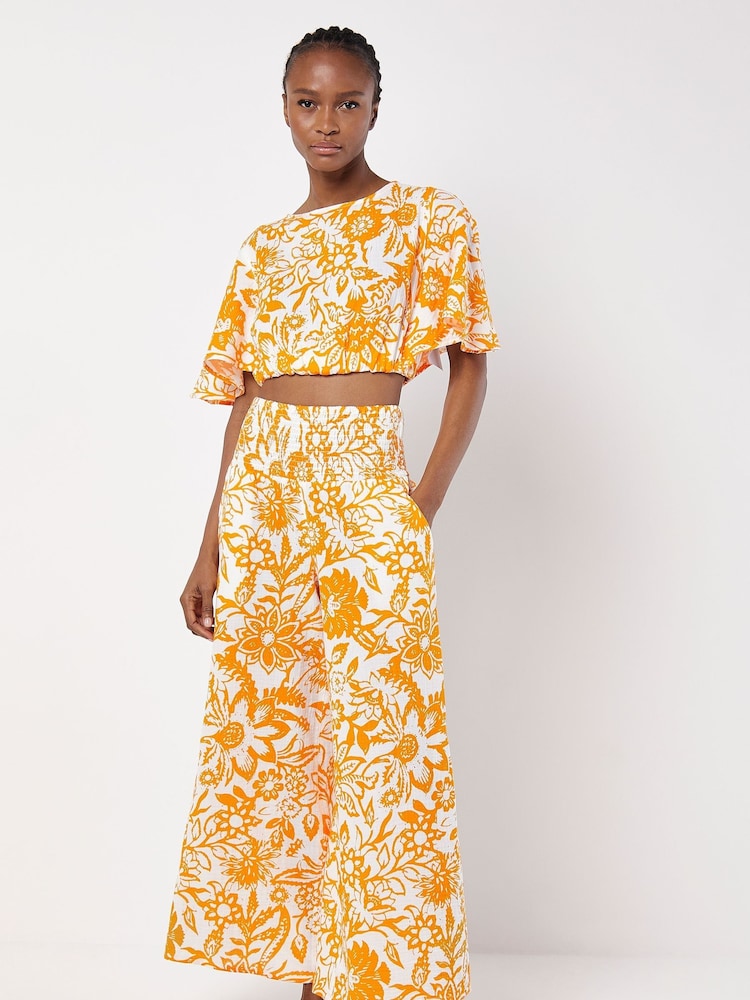 Apricot Orange Floral Print Palazzo 100% Cotton Trousers - Image 4 of 4