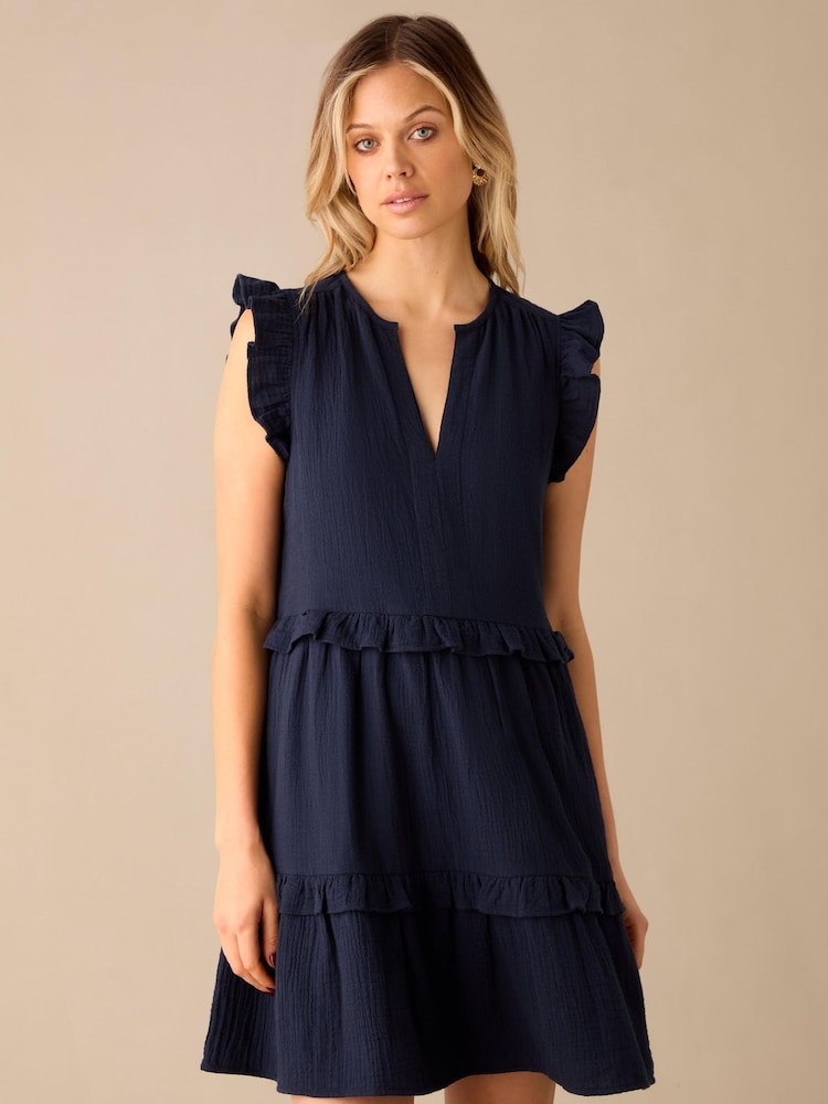 Ro&Zo Navy Blue Frill Detail 100% Cotton Cheesecloth Dress - Image 1 of 6