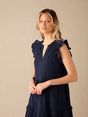 Ro&Zo Navy Blue Frill Detail 100% Cotton Cheesecloth Dress - Image 4 of 6