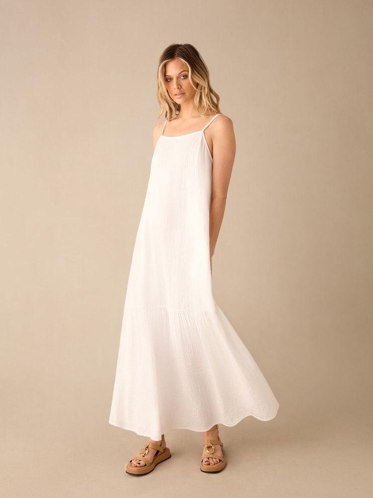 Ro&Zo White Tiered Hem Strappy 100% Cotton Cheesecloth Dress - Image 2 of 3