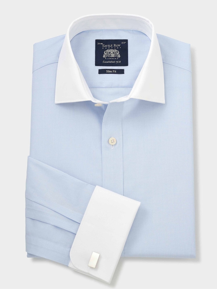 Savile Row Company Slim Blue Contrast Collar Double Cuff 100% Cotton Shirt - Image 2 of 4