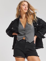 Simply Be Black 100% Cotton Frayed Hem Denim Shorts - Image 1 of 5