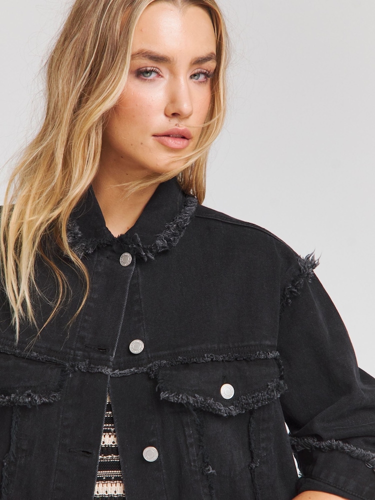 Simply Be Black 100% Cotton Frayed Hem Denim Jacket - Image 1 of 4 Simply Be Black 100% Cotton Frayed Hem Denim Jacket - Image 1 of 4