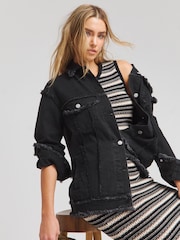 Simply Be Black 100% Cotton Frayed Hem Denim Jacket - Image 1 of 3