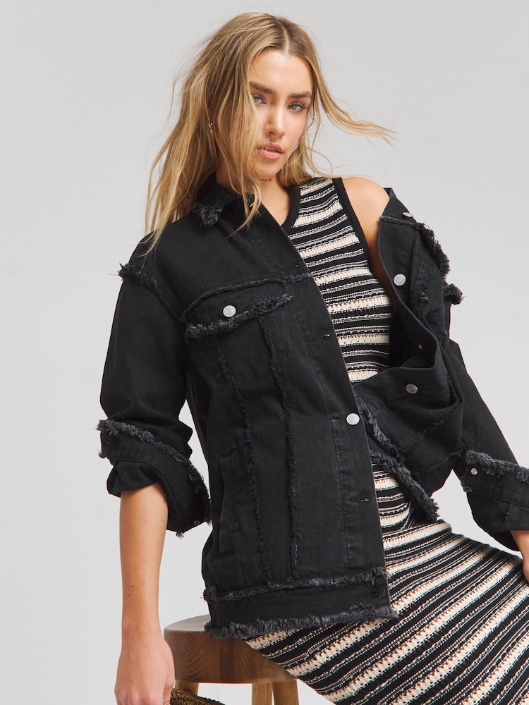 Simply Be Black 100% Cotton Frayed Hem Denim Jacket - Image 1 of 3