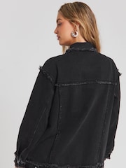 Simply Be Black 100% Cotton Frayed Hem Denim Jacket - Image 2 of 3