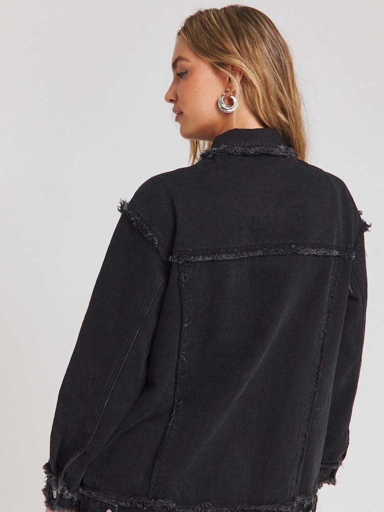 Simply Be Black 100% Cotton Frayed Hem Denim Jacket - Image 2 of 3