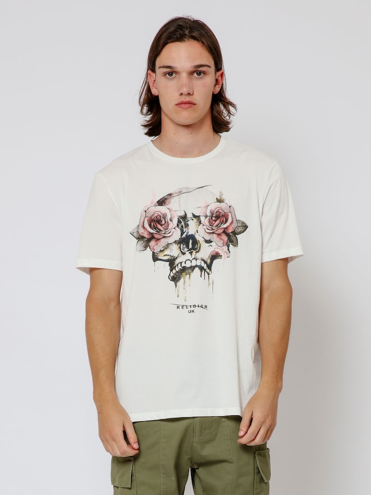 Religion White Roses Skull 100% Cotton T-Shirt - Image 1 of 4