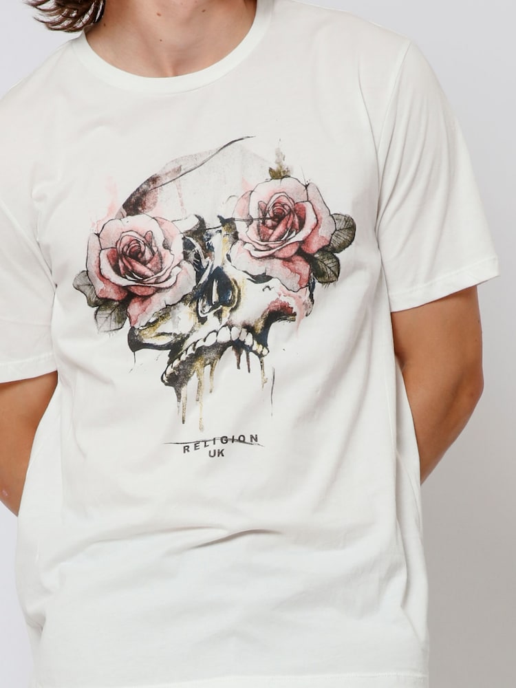 Religion White Roses Skull 100% Cotton T-Shirt - Image 4 of 4