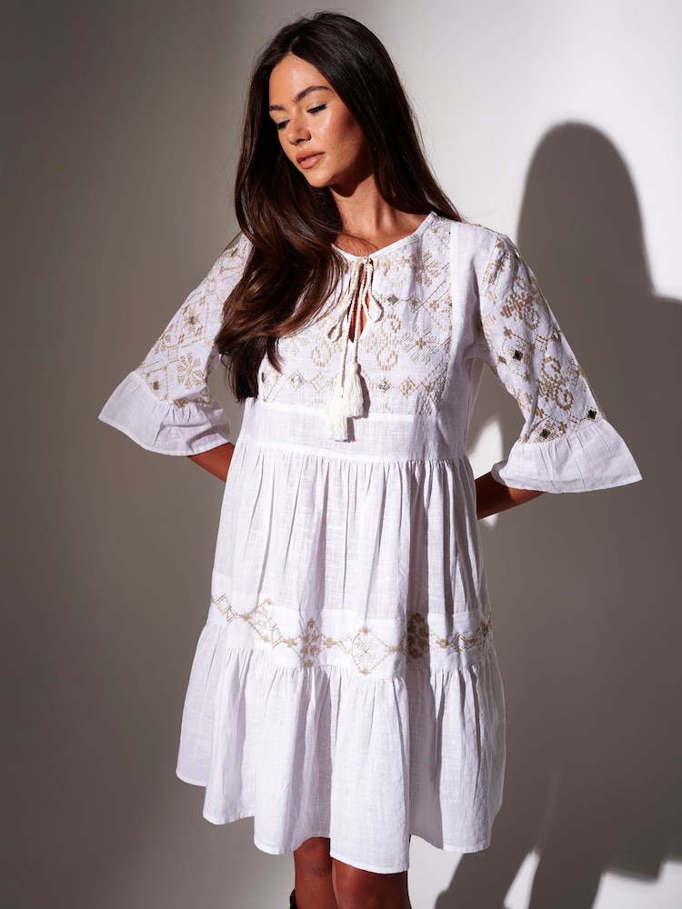 South Beach White Mirror Detail Tie Neck Dress - Image 1 of 5 South Beach White Mirror Detail Tie Neck Dress - Image 1 of 5