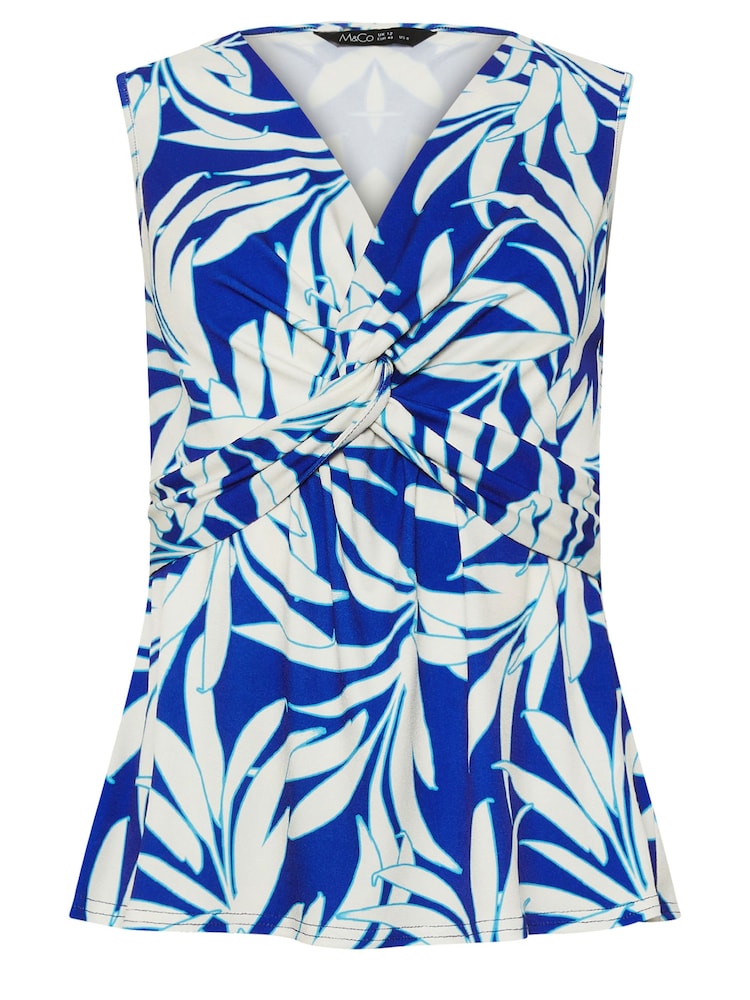 M&Co Blue Petite Tropical Leaf Print Twist Front Top - Image 5 of 5