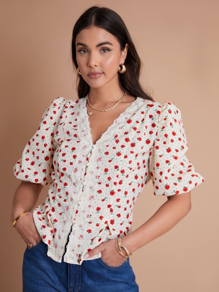 Another Sunday Lace Trim Puff Sleeve Button Through Ecru Ditsy Floral White Blouse - Image 1 of 3 Another Sunday Lace Trim Puff Sleeve Button Through Ecru Ditsy Floral White Blouse - Image 1 of 3