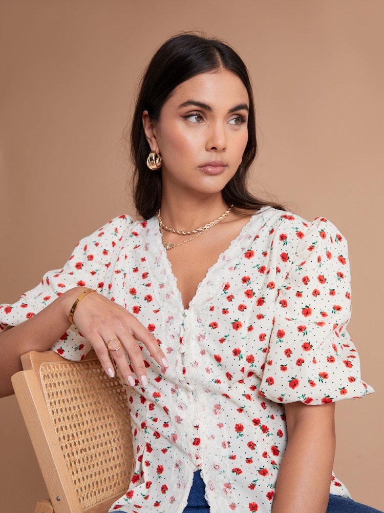 Another Sunday Lace Trim Puff Sleeve Button Through Ecru Ditsy Floral White Blouse - Image 2 of 3 Another Sunday Lace Trim Puff Sleeve Button Through Ecru Ditsy Floral White Blouse - Image 2 of 3