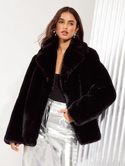 Friends Like These Black Faux Fur Short Plush Coat - Image 1 of 4