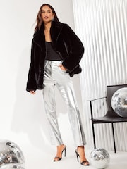 Friends Like These Black Faux Fur Short Plush Coat - Image 2 of 4
