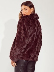 Friends Like These Berry Red Textured Faux Fur Coat - Image 4 of 4