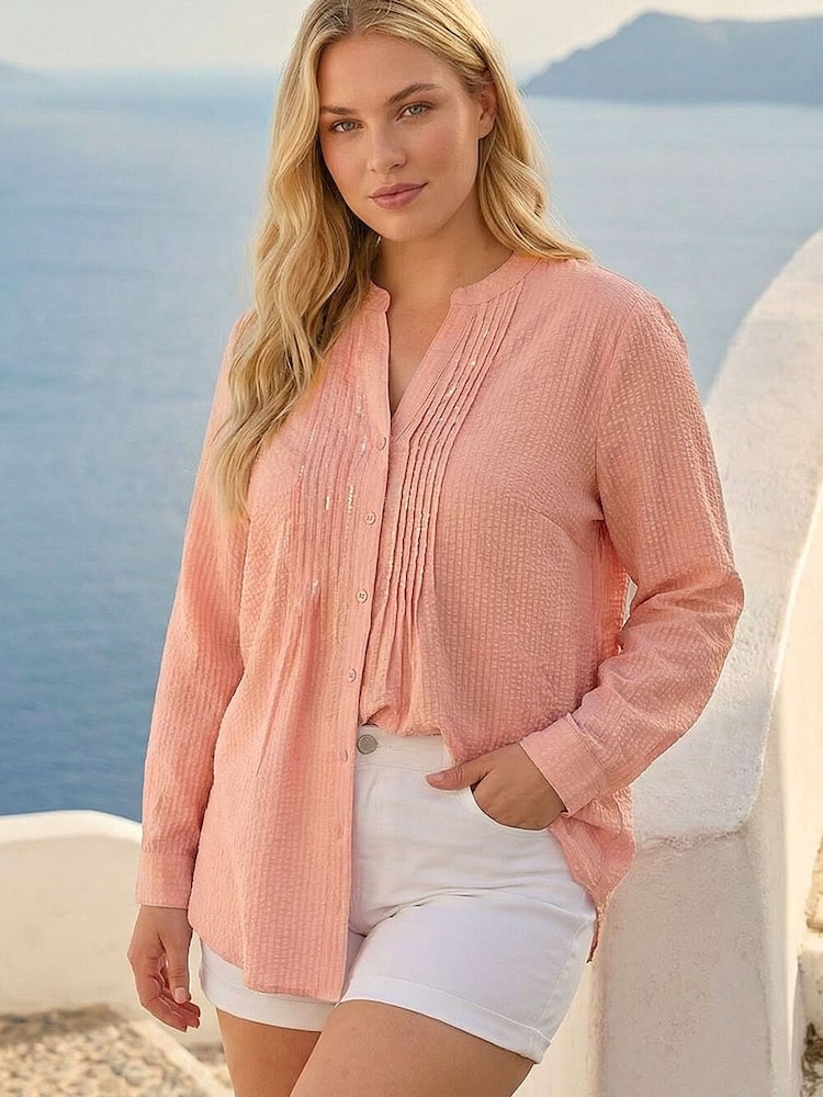 Roman Pink Curve Pintuck Sequin Blouse - Image 1 of 4