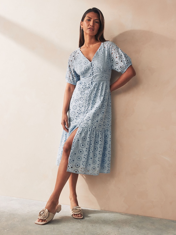ONLY Midi Broderie Dress with Puff Sleeve - Изображение 1 из 5