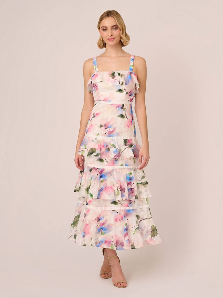 Adrianna Papell Printed Chiffon White Dress - Image 1 of 7