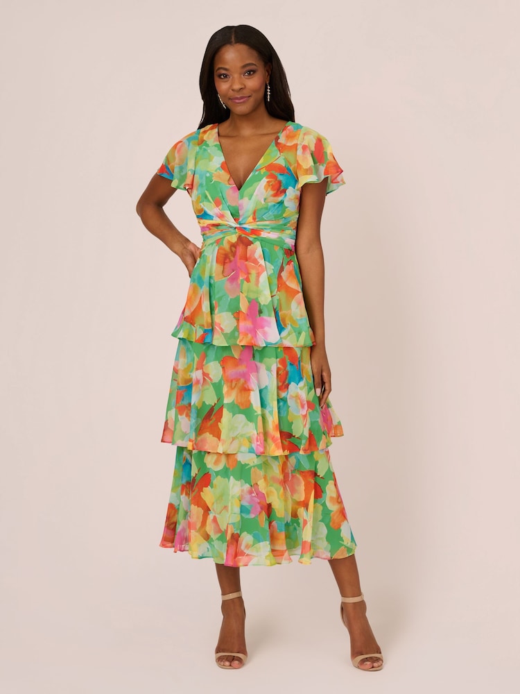 Adrianna Papell Green Tiered Chiffon Midi Dress - Image 1 of 7 Adrianna Papell Green Tiered Chiffon Midi Dress - Image 1 of 7