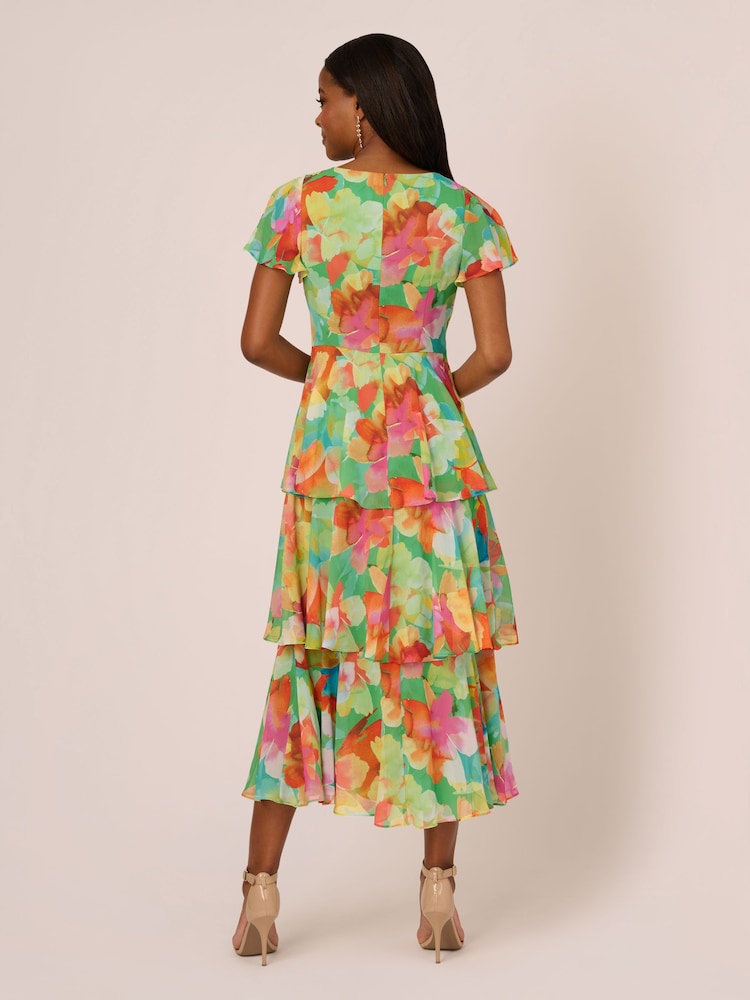 Adrianna Papell Green Tiered Chiffon Midi Dress - Image 2 of 7 Adrianna Papell Green Tiered Chiffon Midi Dress - Image 2 of 7