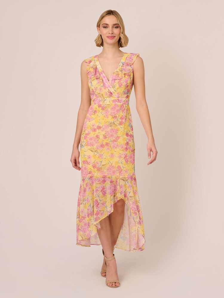 Adrianna Papell Yellow Printed Midi Dress - Image 1 of 7 Adrianna Papell Yellow Printed Midi Dress - Image 1 of 7