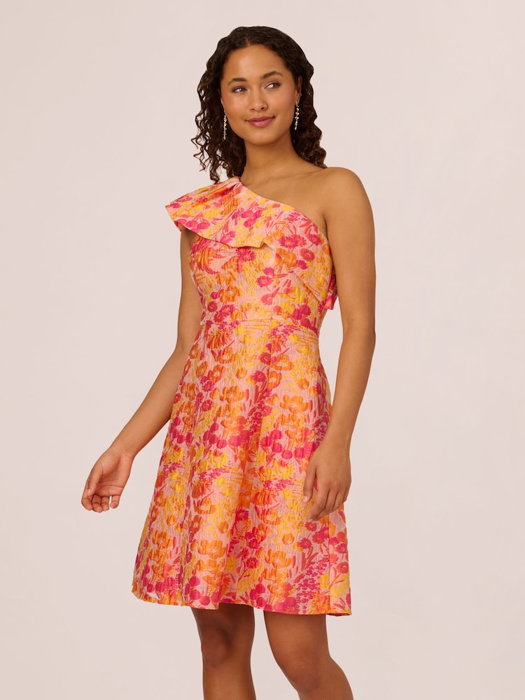 Adrianna Papell Orange One Shoulder Jacquard Dress - Image 1 of 6 Adrianna Papell Orange One Shoulder Jacquard Dress - Image 1 of 6