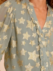 Love & Roses Grey Metallic Metallic Star Ruffle Front 3/4 Sleeve Blouse - Image 2 of 4
