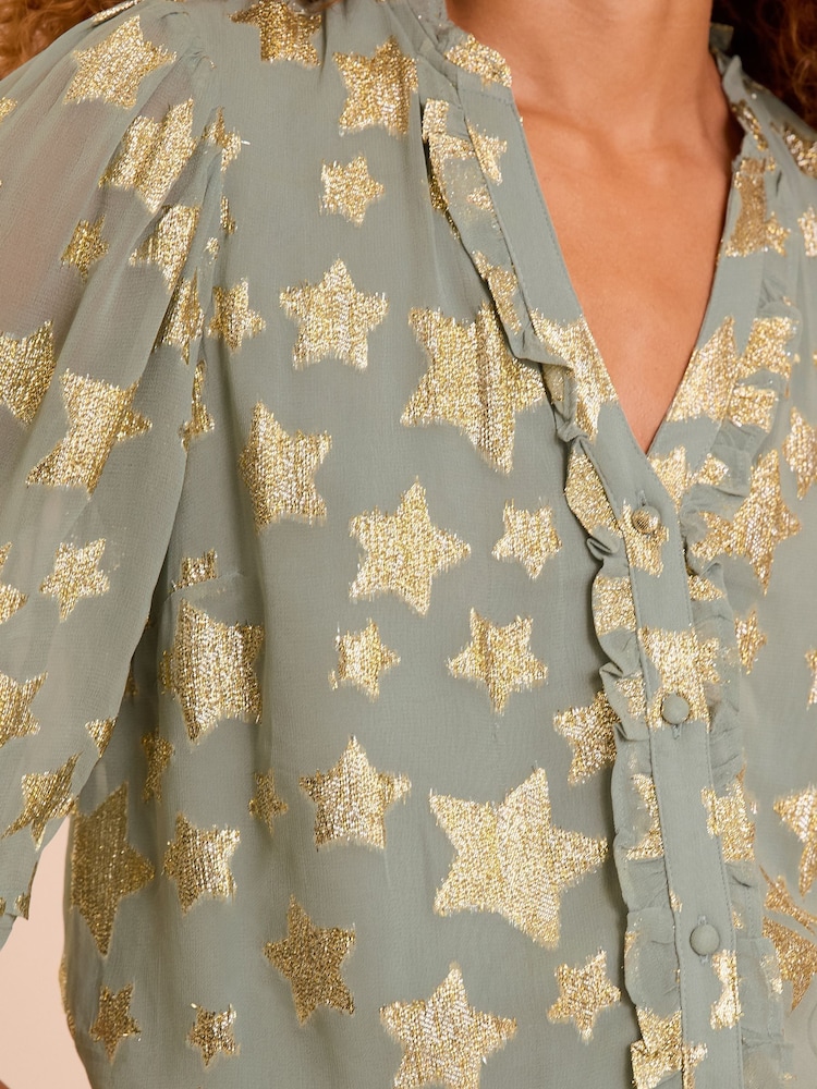 Love & Roses Grey Metallic Metallic Star Ruffle Front 3/4 Sleeve Blouse - Image 2 of 4